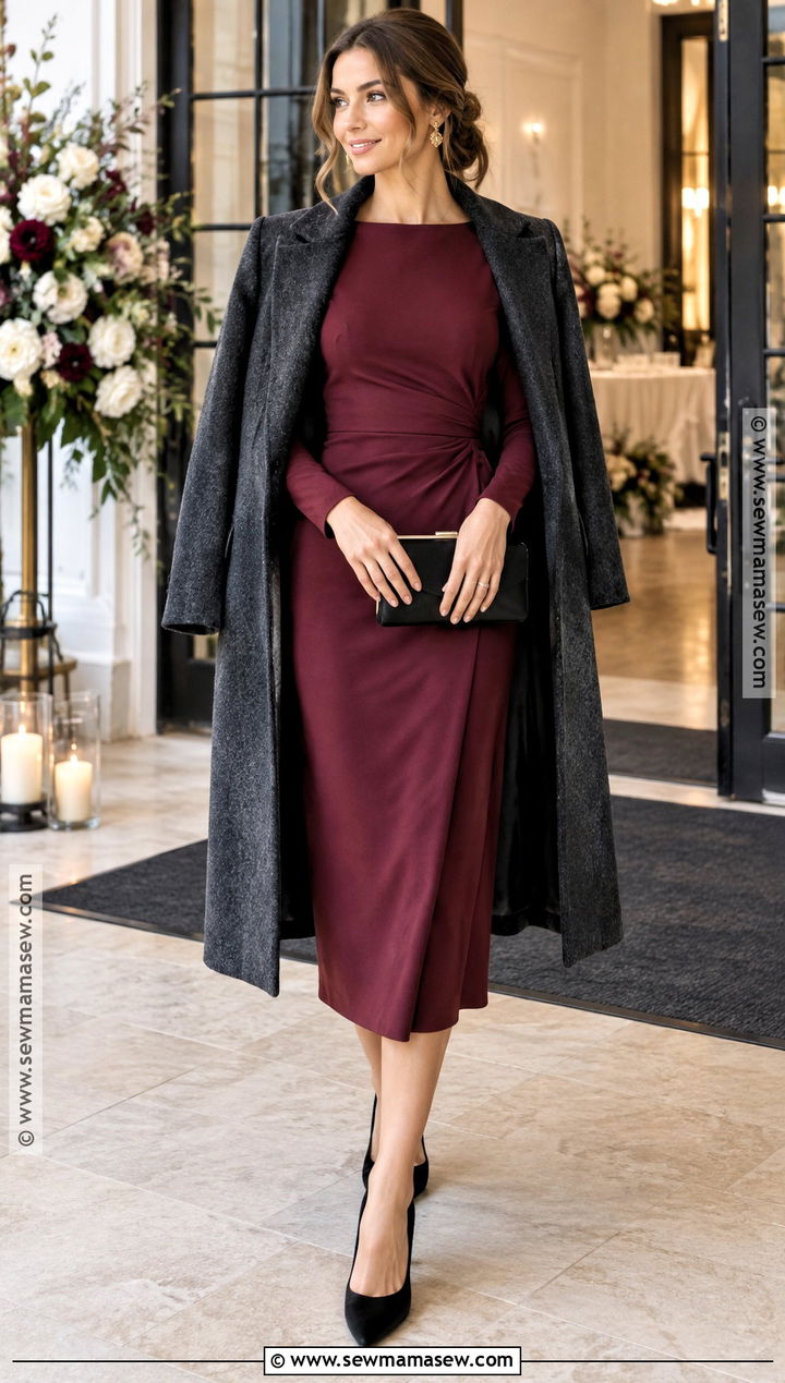 Berry Long Sleeve Knit Midi Dress for a Fall Semi Formal Wedding - 20 fall semi formal wedding attire ideas