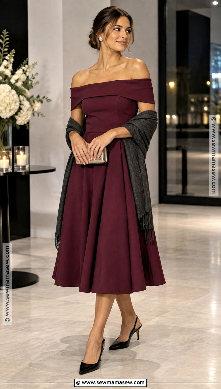 Berry Off Shoulder Autumn Wedding Guest Dress - 15 Autumn Guest Wedding Dress Ideas