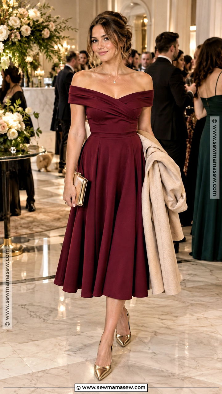 Berry Off Shoulder Fall Wedding Guest Dress - 20 fall dress wedding guest ideas