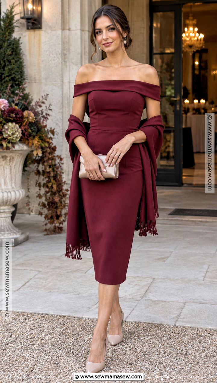 Berry Off Shoulder Fall Wedding Guest Dress - 15 dress for a wedding guest fall ideas