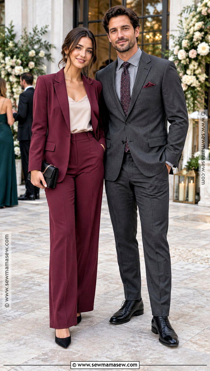 Berry Pantsuit And Charcoal Suit Fall Wedding Guest Couple Outfit - 15 Wedding Guest Couple Outfit Fall Ideas