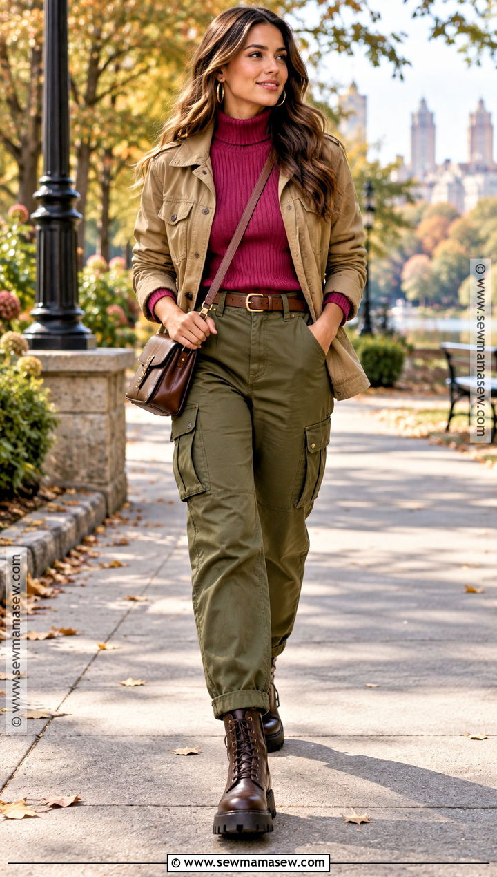 Berry Pink Turtleneck With Olive Cargo Pants - 15 pink fall aesthetic outfits