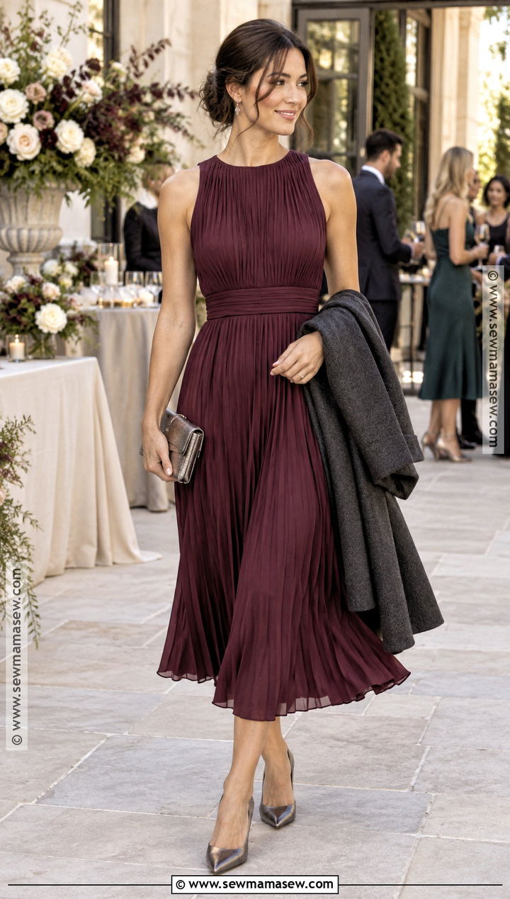 Berry Pleated Fall Wedding Guest Midi Dress - 15 fall wedding guest attire ideas for women