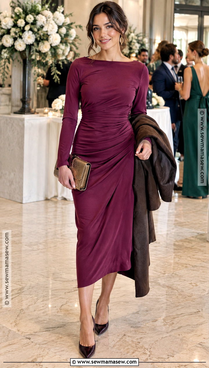 Berry Ruched Long Sleeve Wedding Guest Dress - 20 long sleeve wedding guest dress fall ideas