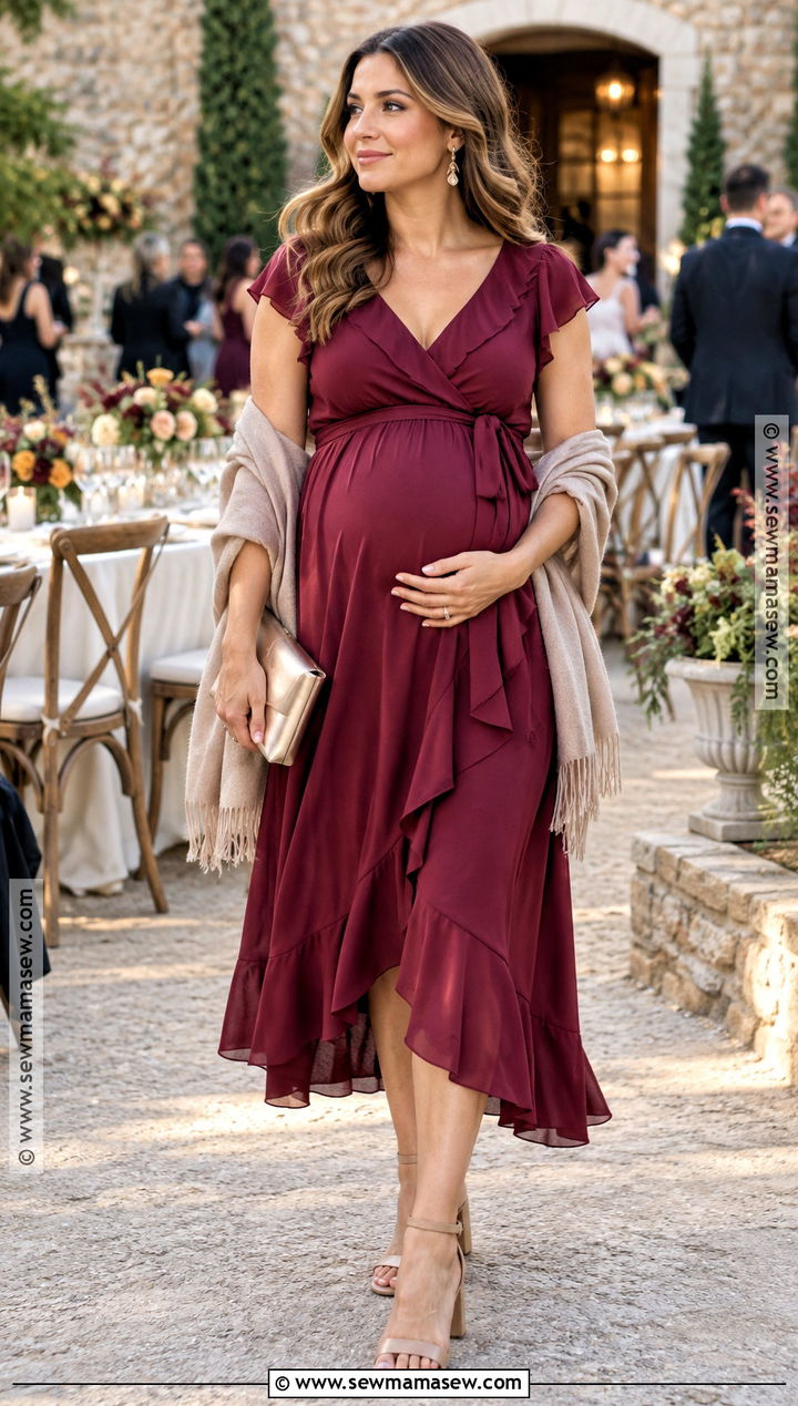Berry Ruffle Maternity Midi Dress - 20 fall maternity wedding guest dress ideas