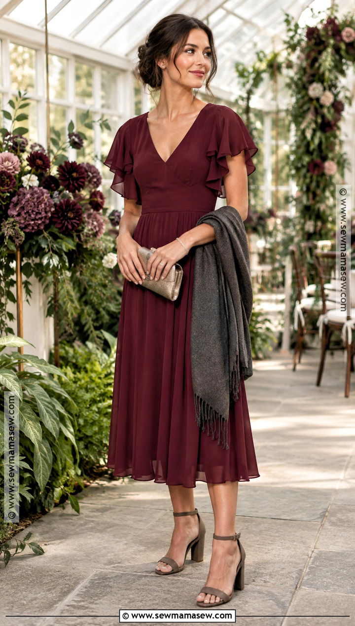 Berry Ruffle Sleeve Dress - 15 Fall Garden Wedding Dress Ideas