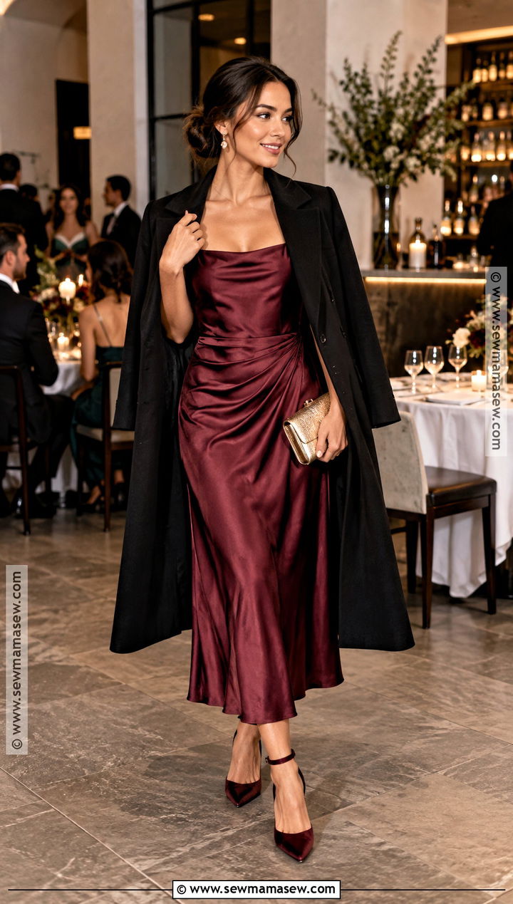 Berry Satin Midi Dress Outfit - 15 Black Tie Optional Wedding Guest Dress Fall Ideas