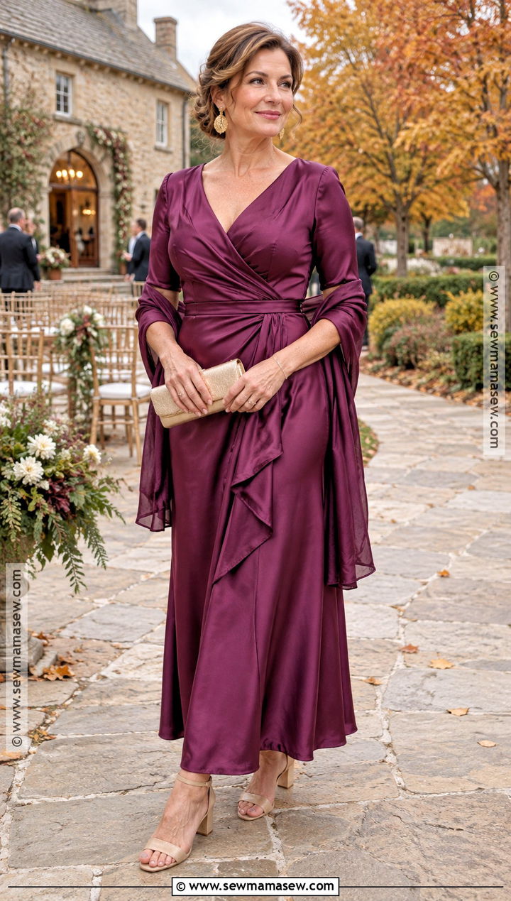 Berry Satin Mother of the Groom Dress With a Faux Wrap Bodice - 20 mother of the groom dresses for fall outdoor