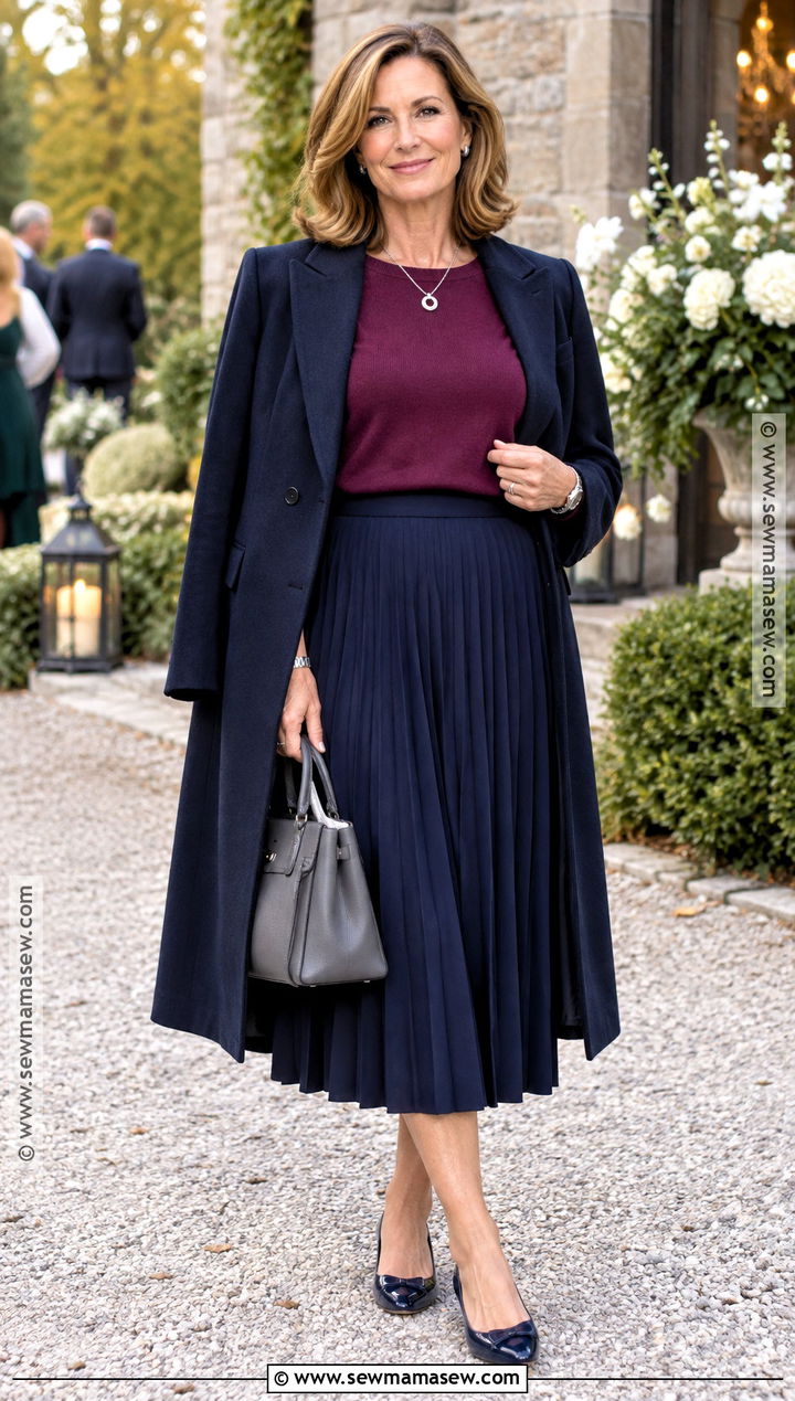 Berry Sweater And Pleated Skirt Outfit - 20 fall casual wedding guest attire ideas