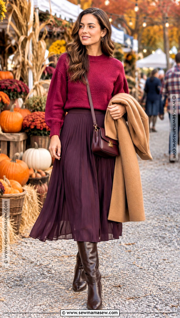 Berry Sweater and Plum Skirt Fall Festival Outfit - 30 fall festival outfit ideas