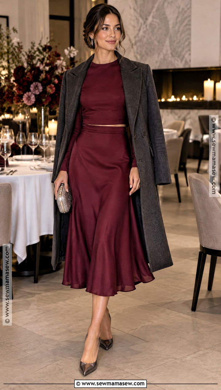 Berry Two Piece Skirt Wedding Guest Outfit - 20 cold fall wedding guest outfit ideas