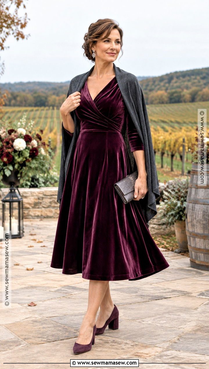 Berry Velvet Mother of the Bride Tea Length Dress - 20 mother of the bride dresses fall outdoor