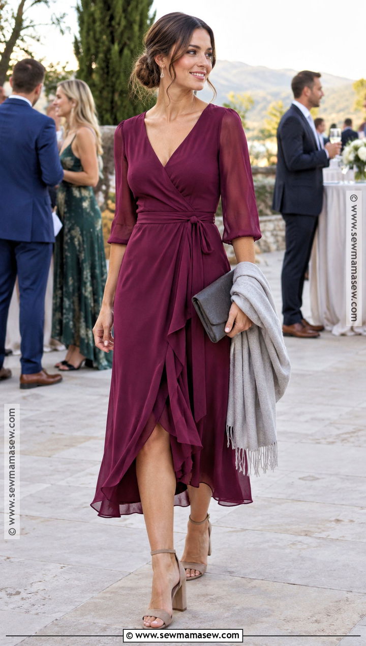 Berry Wrap Midi Wedding Guest Outfit - 15 early fall wedding guest outfit ideas