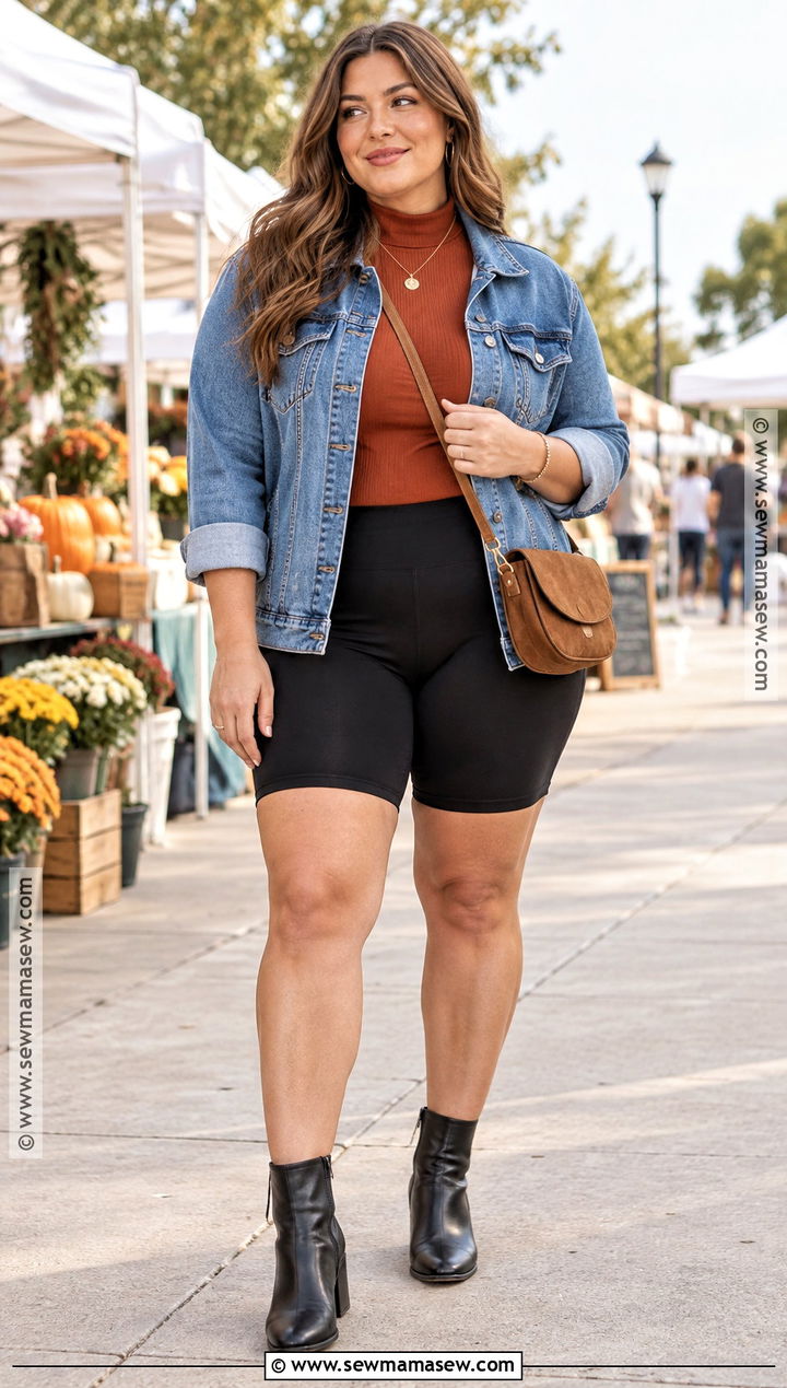 Bike Shorts With A Denim Jacket And Ankle Boots - 15 Bike Shorts Fall Outfit Ideas