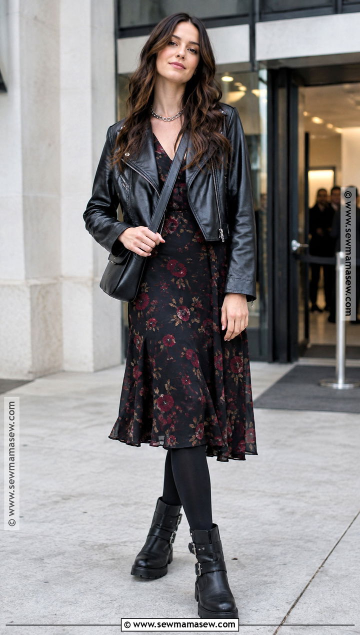Biker Boot Outfit With Floral Midi Dress - 15 autumn shoe collection ideas