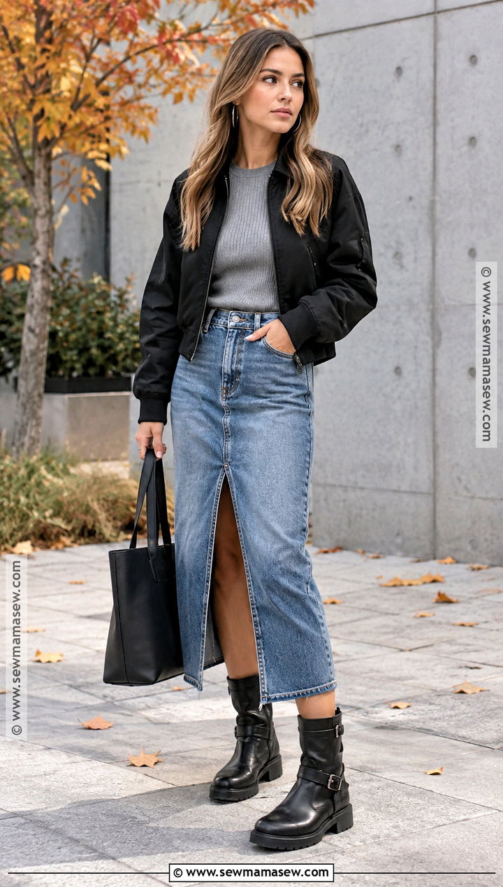 Biker Boots With Denim Midi Skirt And Knit Top - 25 fall boots outfit