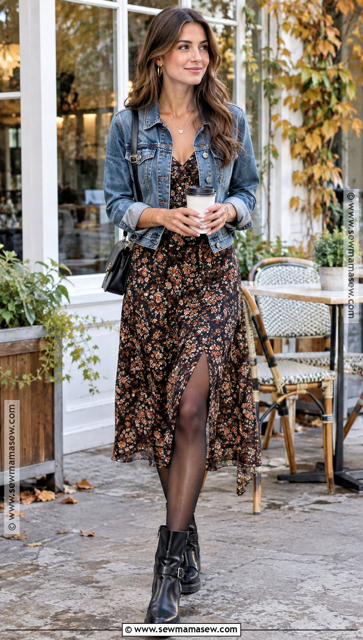 Biker Boots With Floral Midi Dress And Denim Jacket - 25 biker boots outfit fall