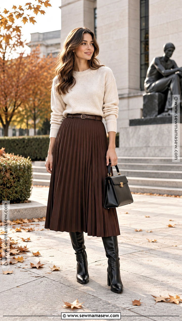 Biker Boots With Pleated Midi Skirt And Sweater - 25 biker boots outfit fall