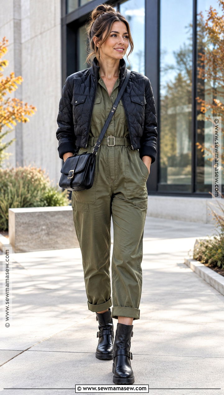 Biker Boots With Utility Jumpsuit And Crossbody Bag - 25 biker boots outfit fall