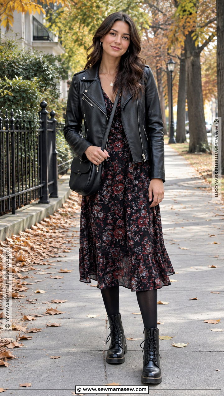 Biker Jacket And Floral Midi Dress Outfit - 15 Fall Clothing Styles 2026
