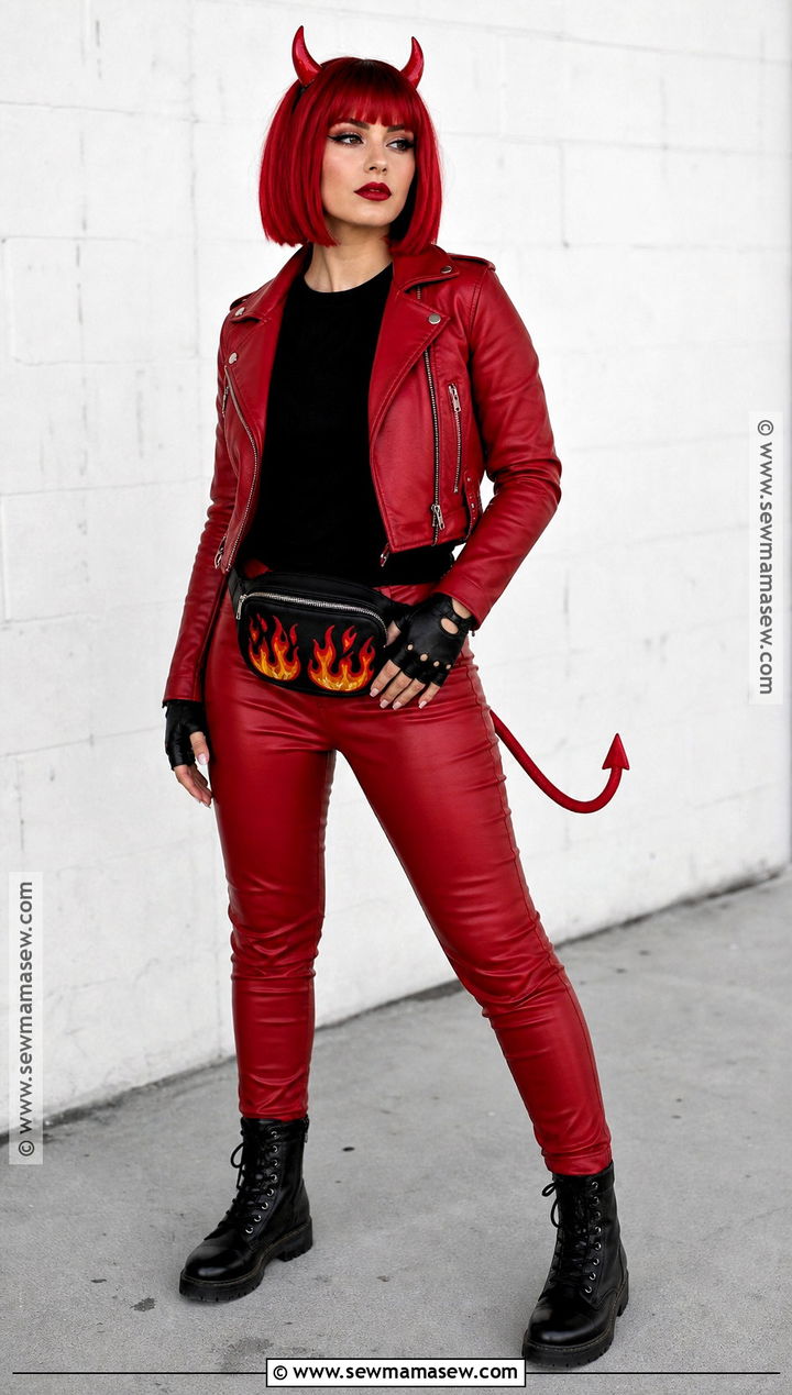 Biker Red Devil Costume With Faux Leather Pants - 30 Red Devil Halloween Costume Ideas