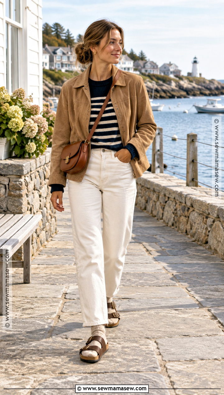Birkenstock Arizona Sandals With Striped Sweater And White Jeans - 20 birkenstock fall outfit ideas