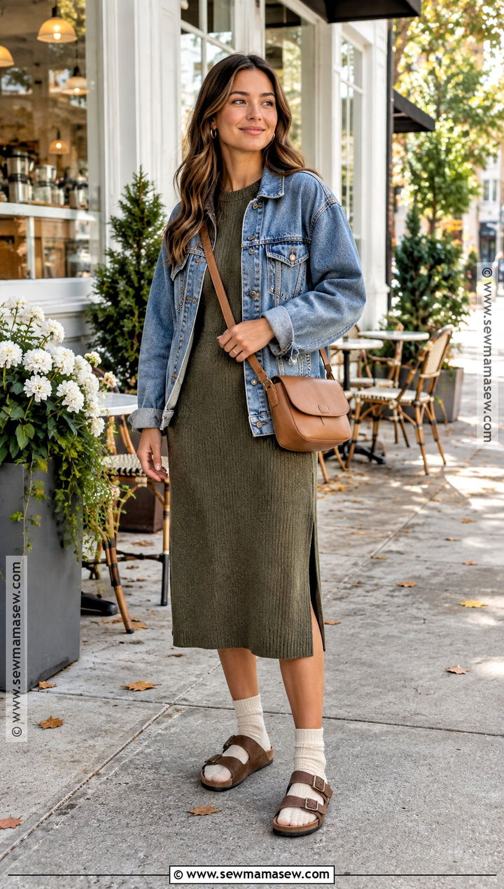 Birkenstock Arizona Sandals With Sweater Dress And Denim Jacket - 15 fall outfits 2026 birkenstock