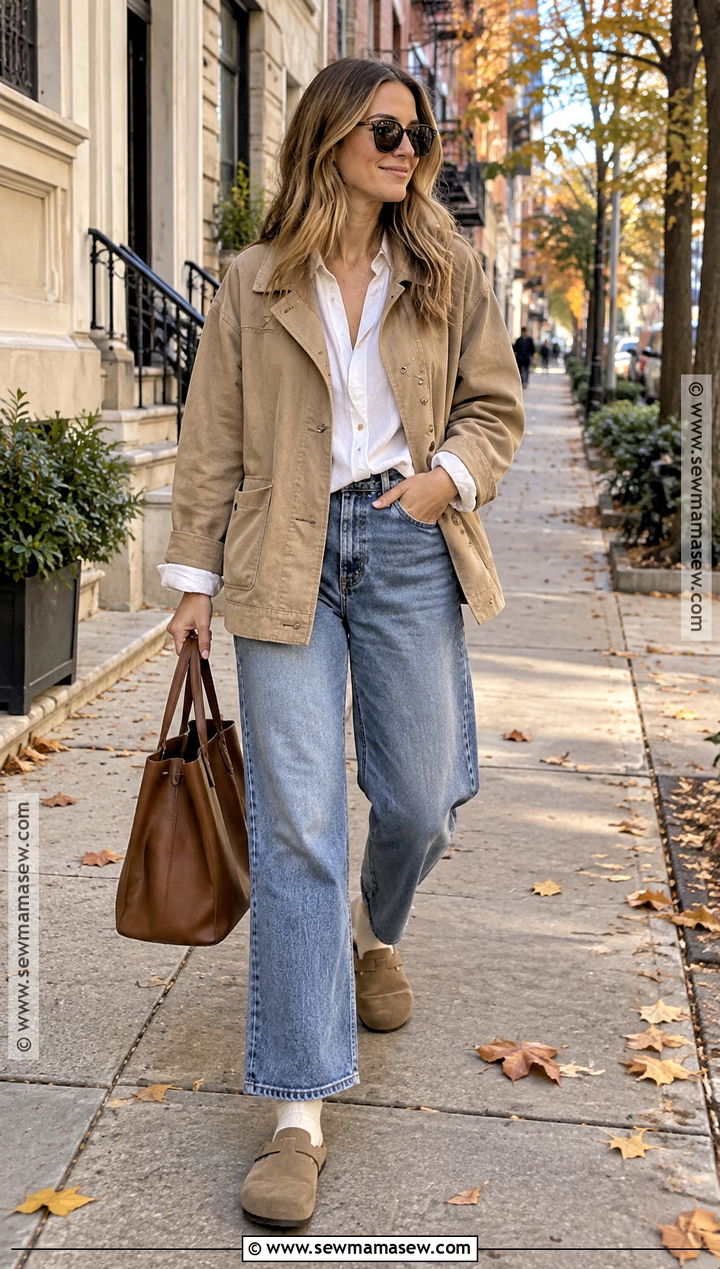 Birkenstock Boston Clogs With Baggy Jeans And Neutral Jacket - 15 fall outfits 2026 birkenstock