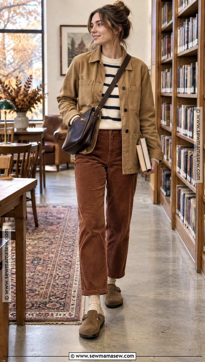 Birkenstock Boston Clogs With Corduroy Pants And Striped Sweater - 15 fall outfits 2026 birkenstock