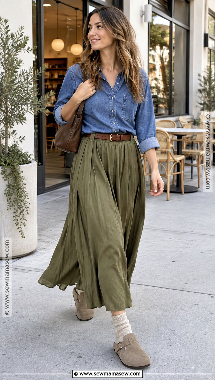 Birkenstock Boston Clogs With Denim Shirt And Maxi Skirt - 20 birkenstock fall outfit ideas