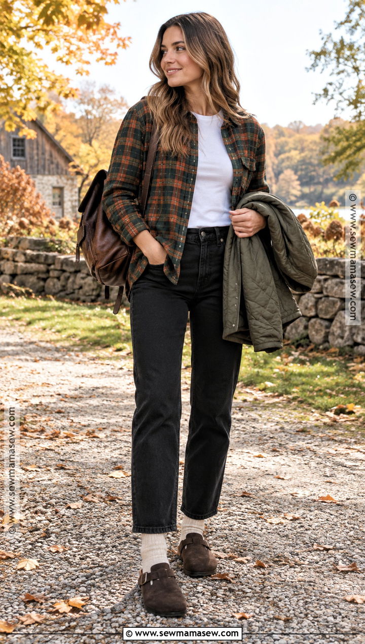 Birkenstock Boston Clogs With Flannel Shirt And Black Jeans - 20 birkenstock fall outfit ideas