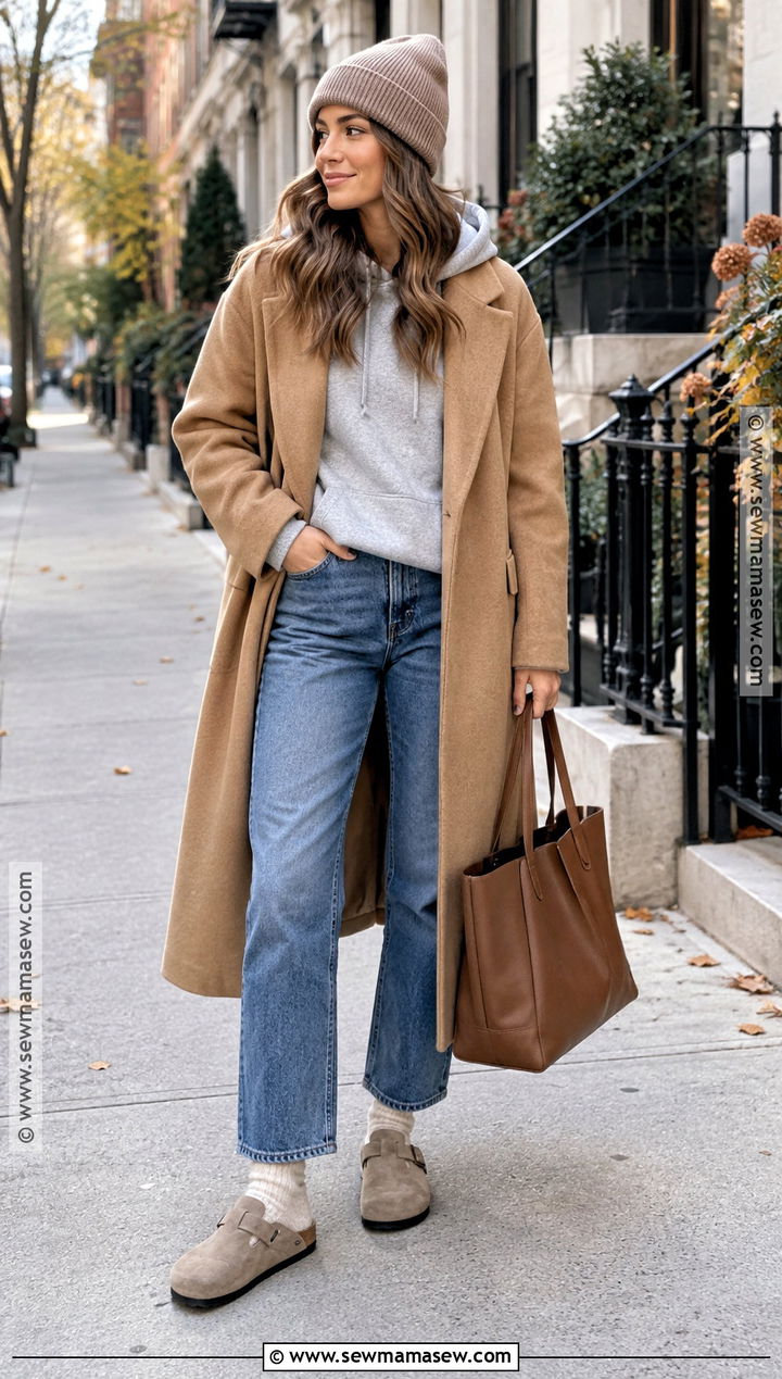 Birkenstock Boston Clogs With Hoodie And Wool Coat - 20 birkenstock fall outfit ideas