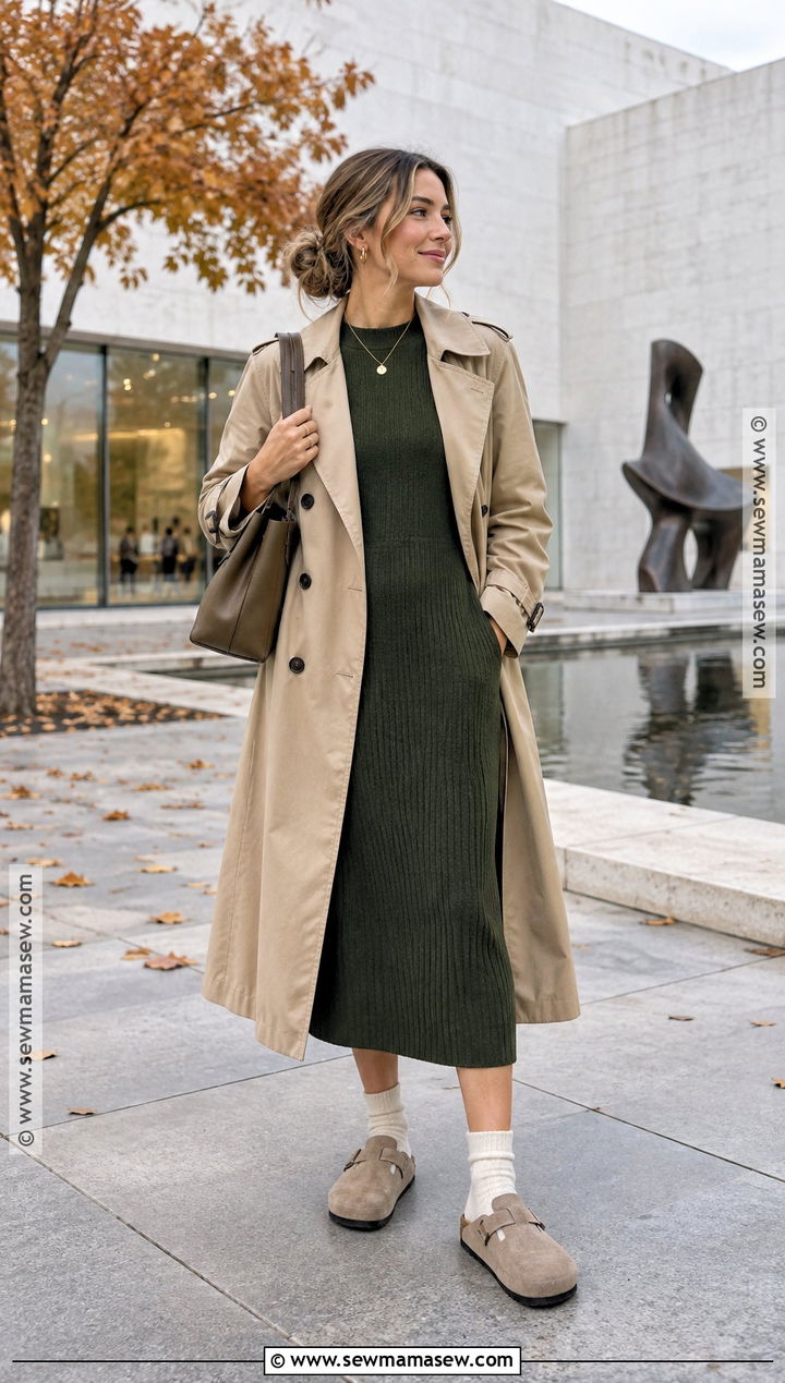 Birkenstock Boston Clogs With Knit Dress And Trench Coat - 15 fall outfits 2026 birkenstock