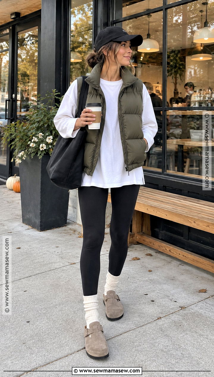 Birkenstock Boston Clogs With Leggings And Puffer Vest - 20 birkenstock fall outfit ideas