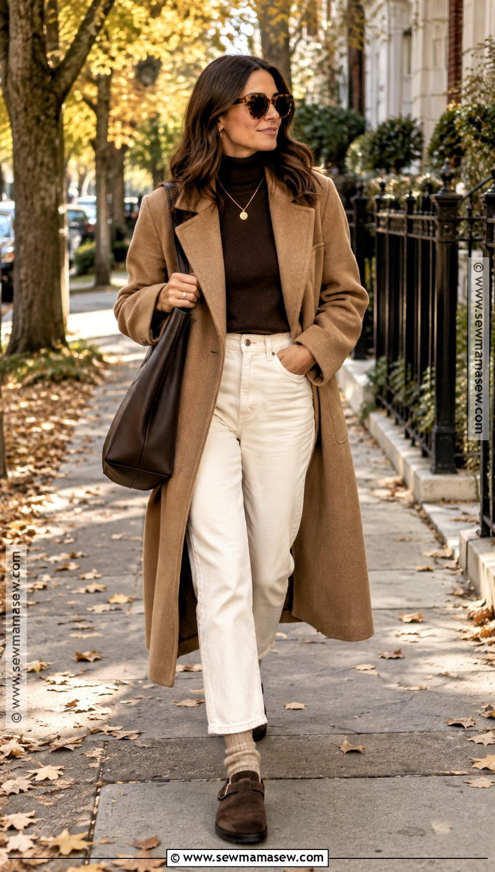 Birkenstock Boston Clogs With White Jeans And Camel Coat - 15 fall outfits 2026 birkenstock
