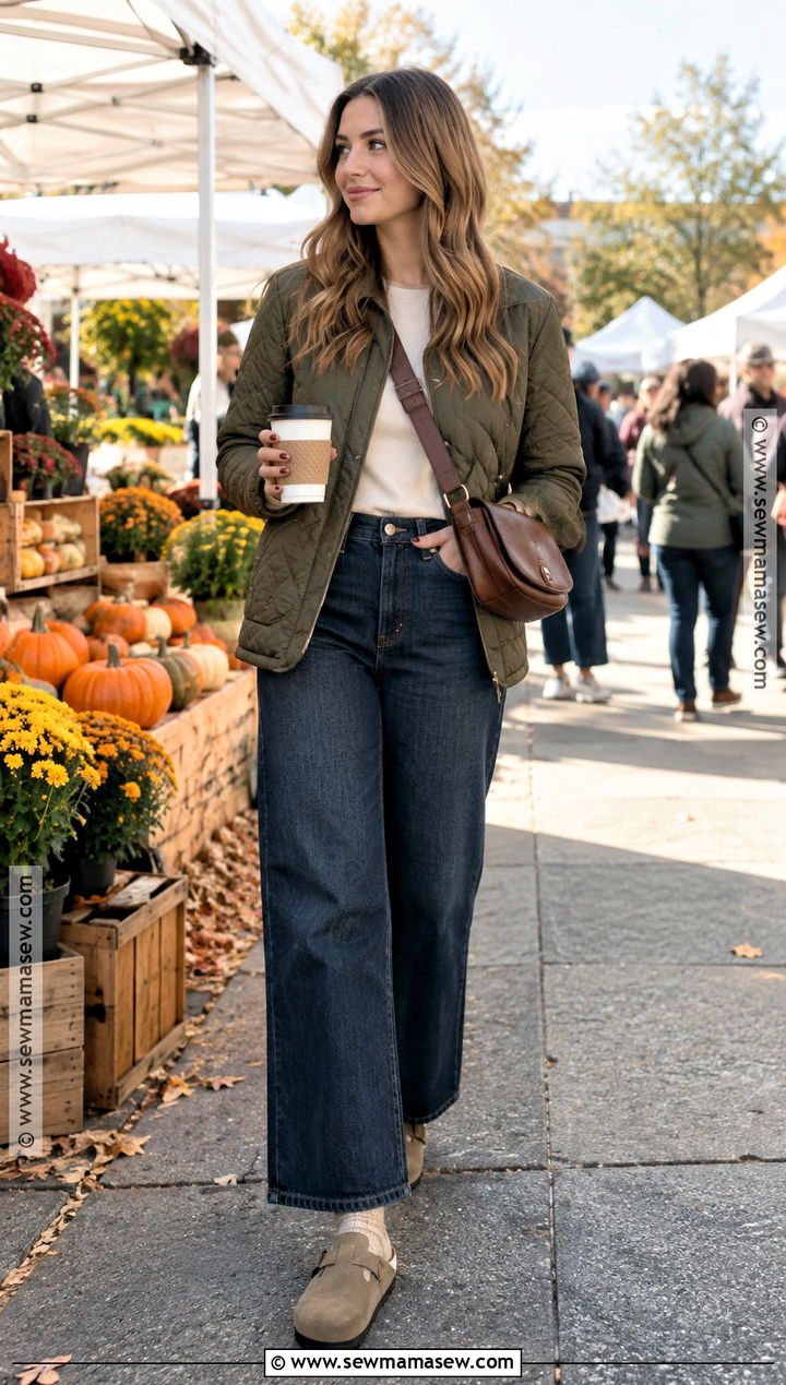 Birkenstock Boston Clogs With Wide Leg Jeans And Quilted Jacket - 15 fall outfits 2026 birkenstock