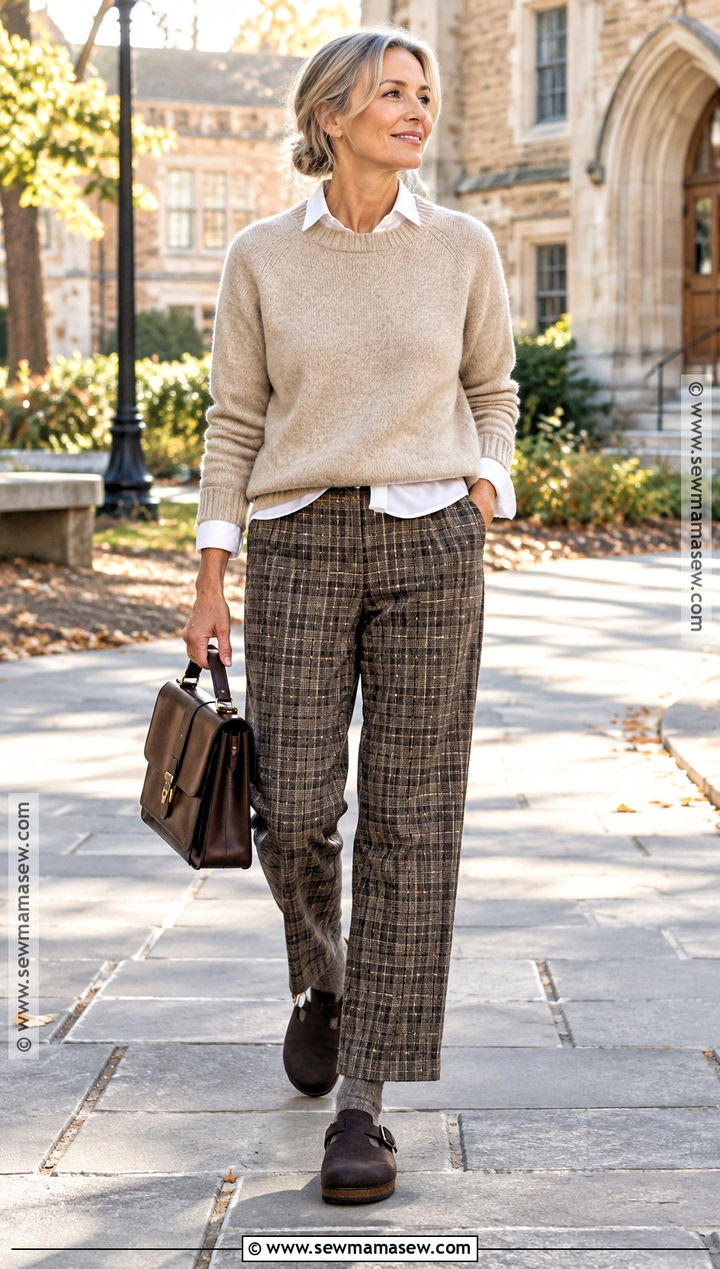 Birkenstock Boston With Plaid Pants And Crewneck Sweater - 20 birkenstock boston outfit fall ideas