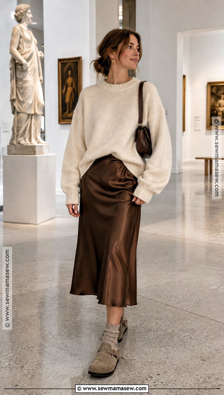 Birkenstock Boston With Satin Midi Skirt And Chunky Sweater - 20 birkenstock boston outfit fall ideas
