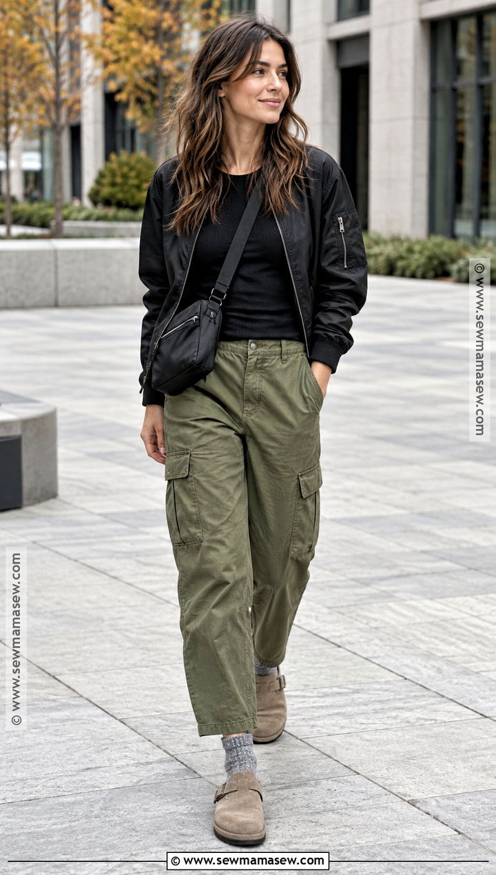 Birkenstock Clogs With Cargo Pants And Bomber Jacket - 15 outfits with birkenstock clogs fall