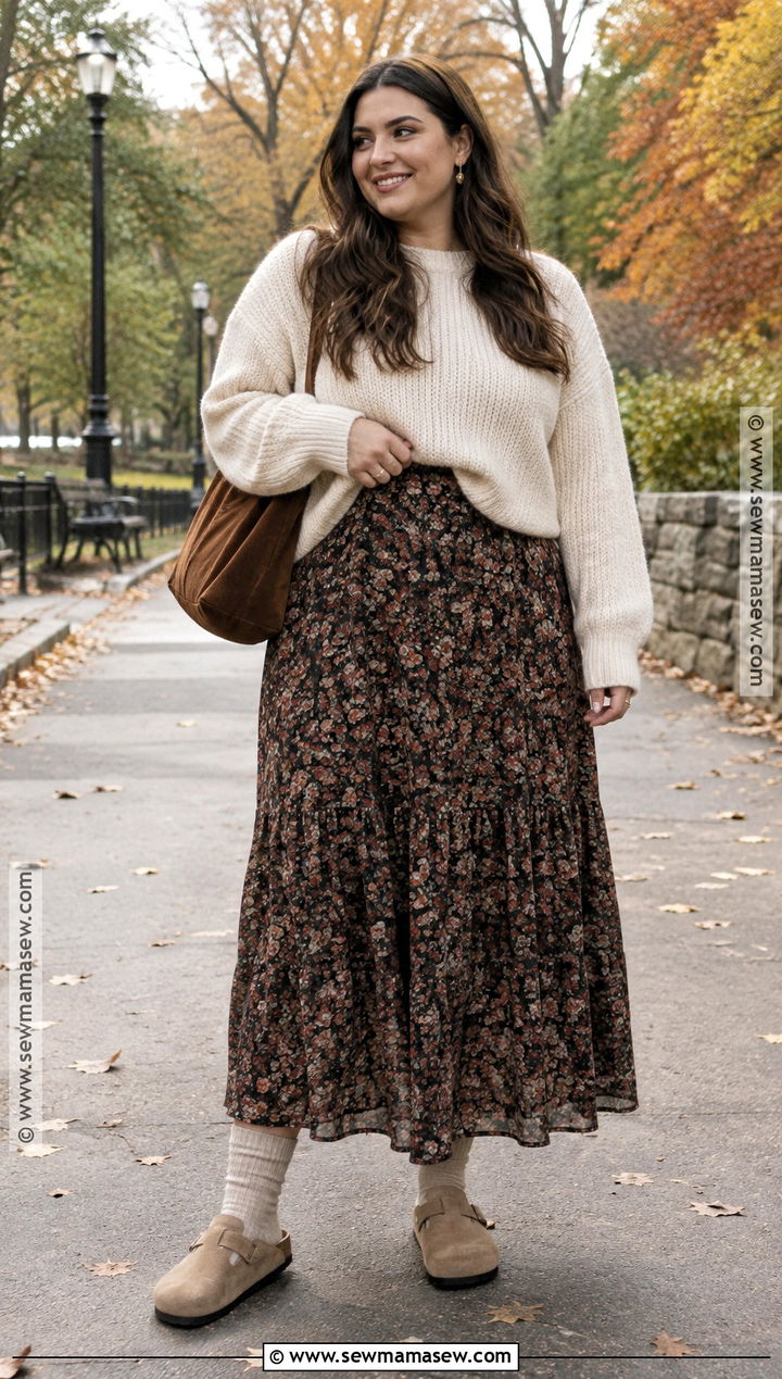 Birkenstock Clogs With Maxi Skirt And Chunky Sweater - 15 outfits with birkenstock clogs fall