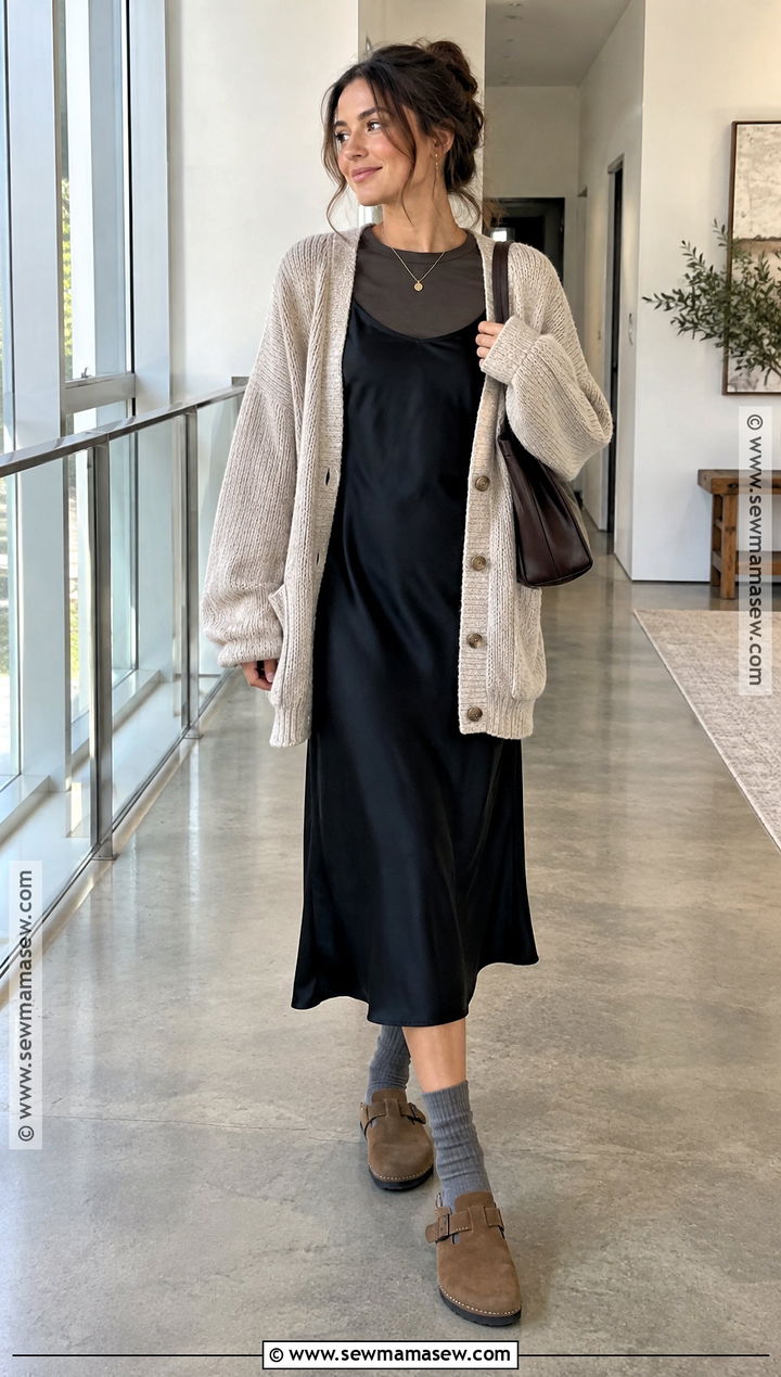 Birkenstock Clogs With Slip Dress And Oversized Cardigan - 15 outfits with birkenstock clogs fall