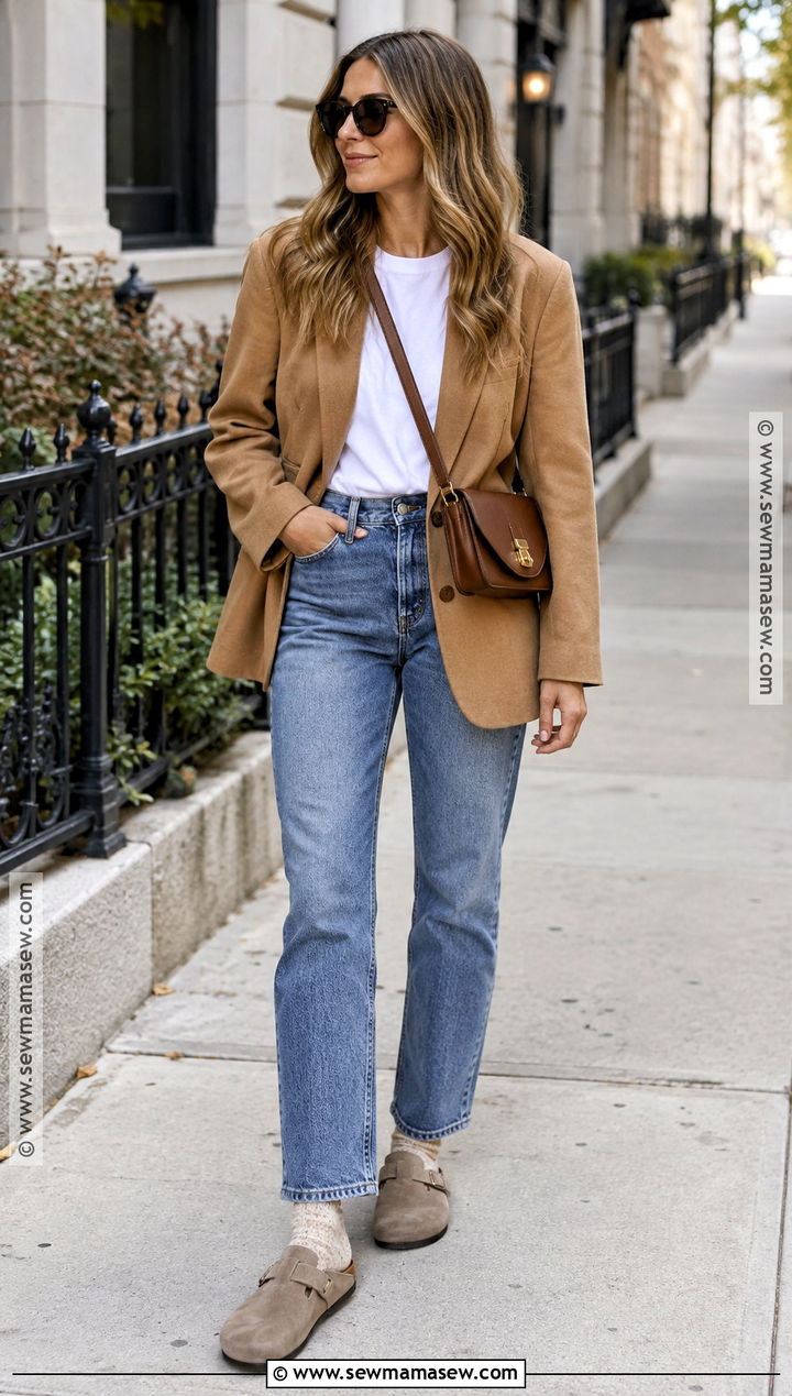 Birkenstock Clogs With Straight Leg Jeans And Blazer - 15 outfits with birkenstock clogs fall