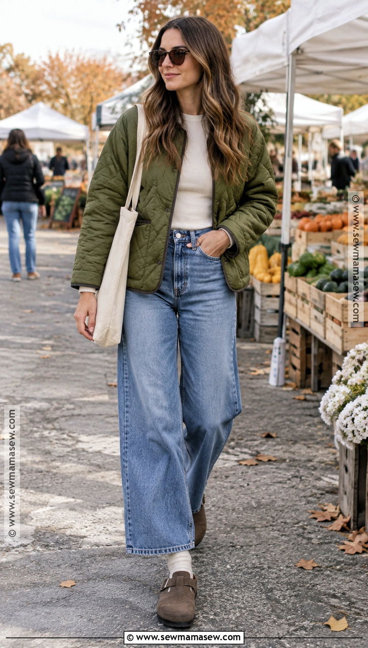Birkenstock Clogs With Wide Leg Jeans And Quilted Jacket - 15 outfits with birkenstock clogs fall