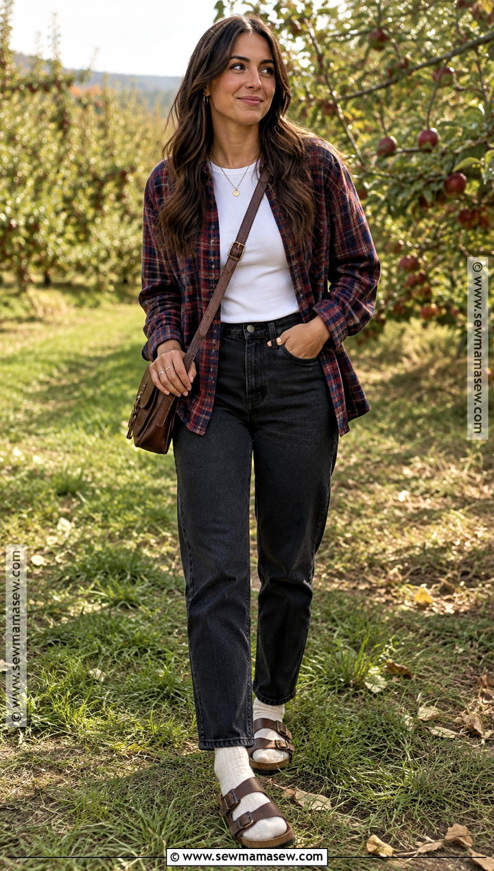 Birkenstock Sandals With A Flannel Shirt And Black Jeans - 15 birkenstock sandals fall outfit ideas