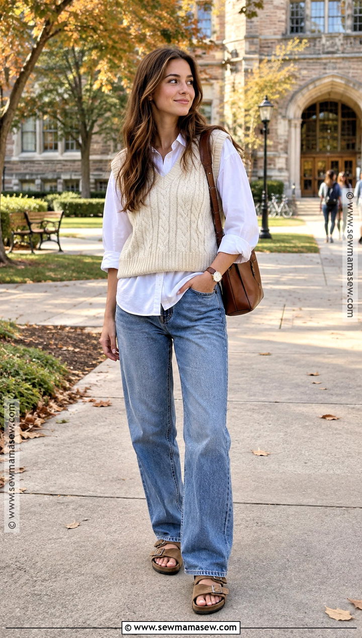 Birkenstock Sandals With A Sweater Vest And Loose Fit Jeans - 15 birkenstock sandals fall outfit ideas