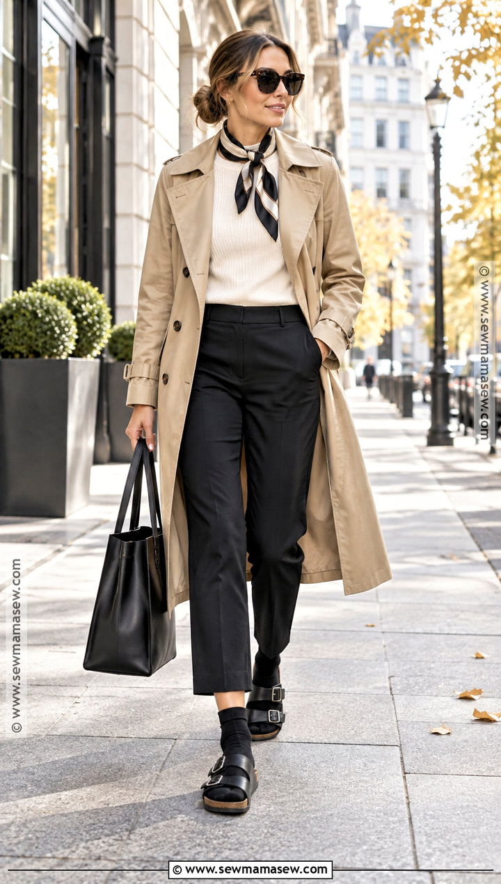 Birkenstock Sandals With A Trench Coat And Cropped Trousers - 15 birkenstock sandals fall outfit ideas