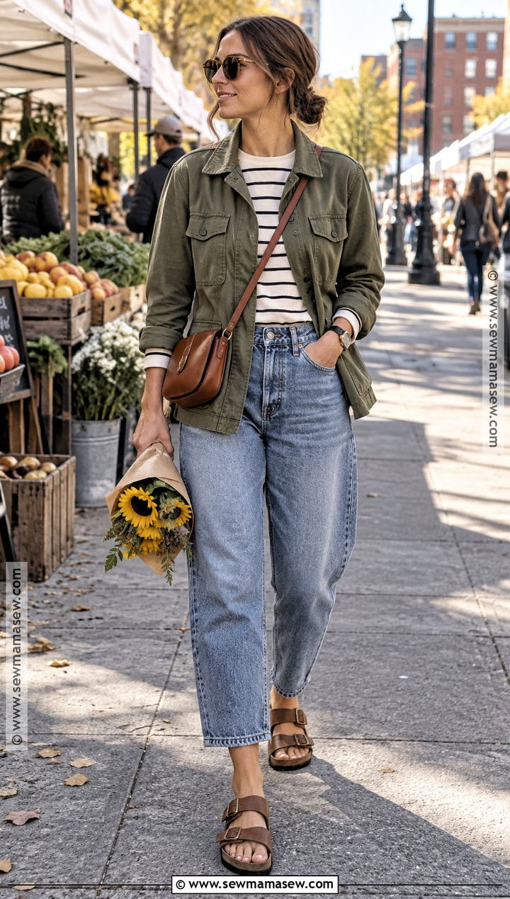 Birkenstock Sandals With Barrel Jeans And A Utility Jacket - 15 birkenstock sandals fall outfit ideas