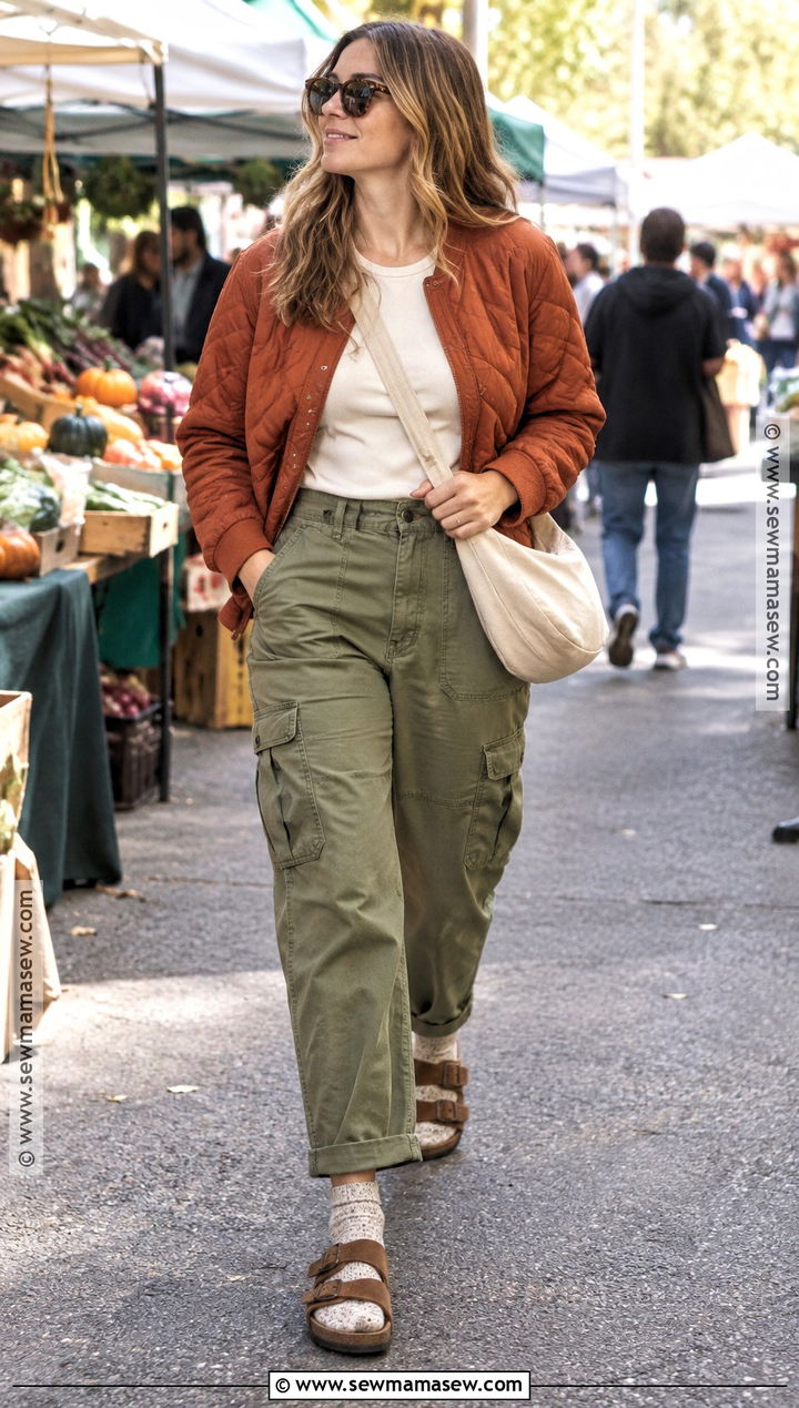 Birkenstock Sandals With Cargo Pants And A Quilted Jacket - 15 birkenstock sandals fall outfit ideas