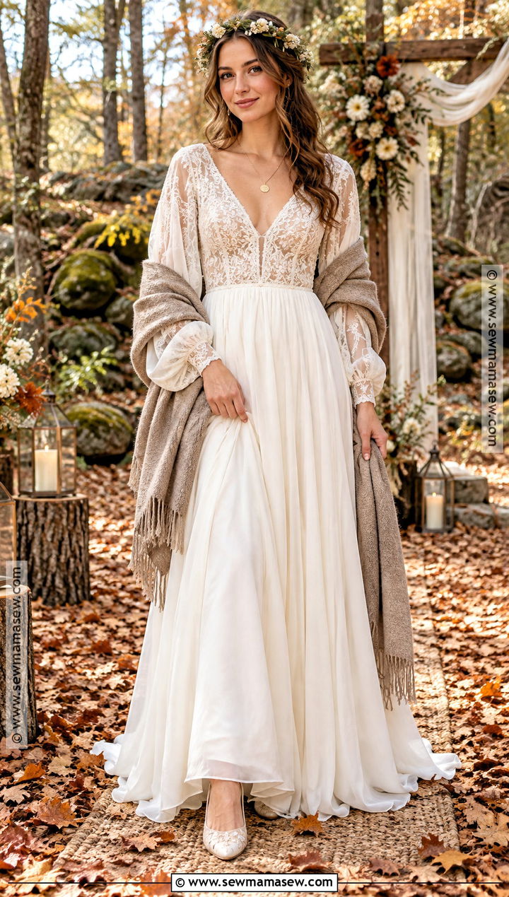 Bishop Sleeve Boho Wedding Dress With A Flower Crown - 15 boho wedding dress fall ideas