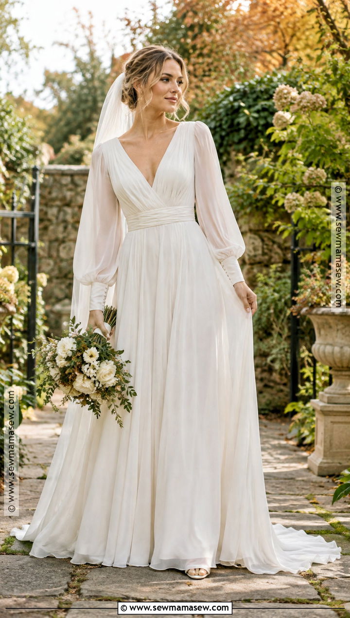 Bishop Sleeve Chiffon Wedding Dress - 15 Modest Fall Wedding Dresses